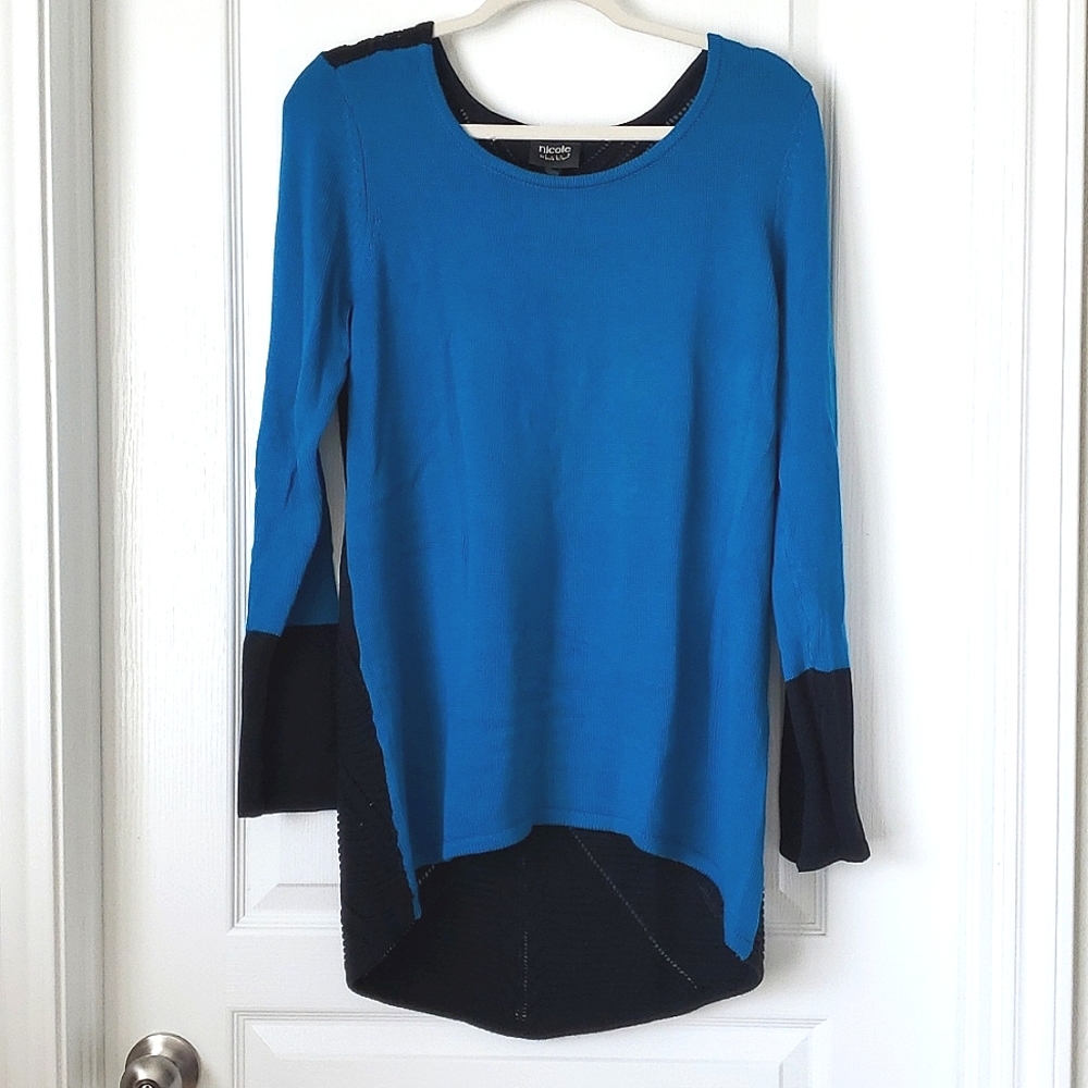Nicole Teal Blue Knit High Low Scoop Neck Sweater size L